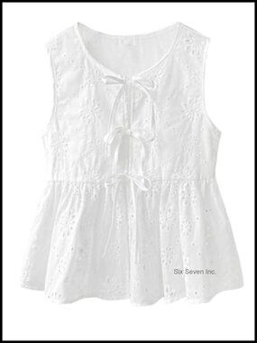 Women Peplum Tank Top Bow Tie Front Eyelet Babydoll Sleeveless